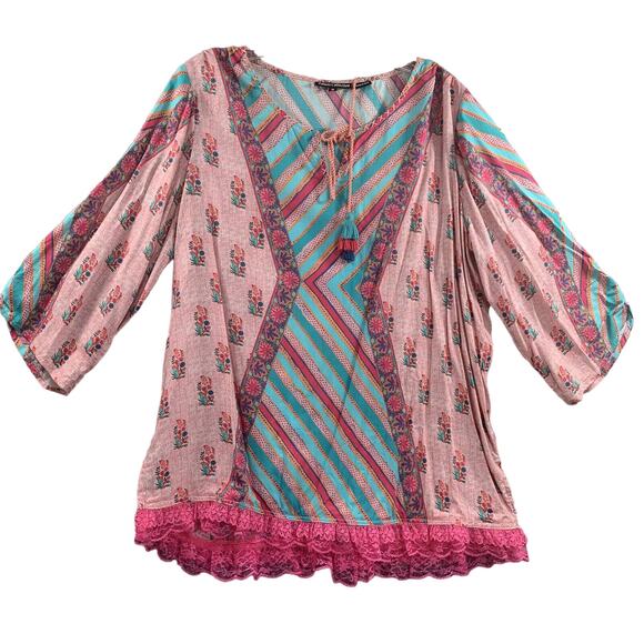 Tolani Womens Top Blouse Medium Modal Cotton Colorful Floral Boho lace ruffle - Picture 1 of 9